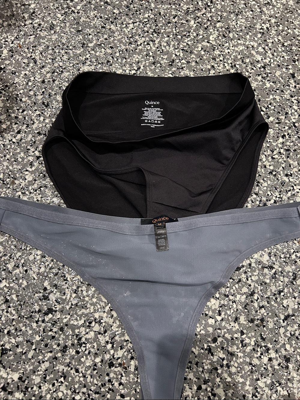 Quince Women's Gray Sparkle Thong Bottom and black bikini pantie